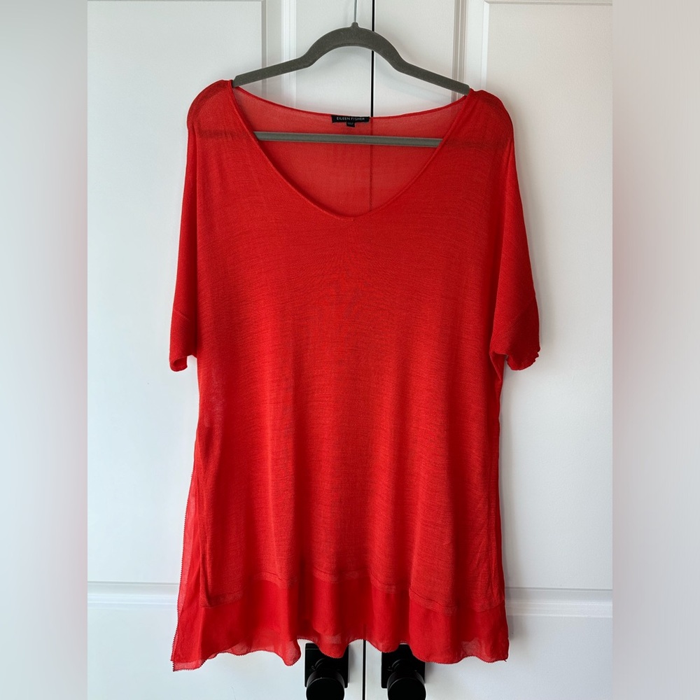 Eileen Fisher Silk Tussah Jersey w/ Chiffon Trim Pullover Firefly  (Size L)